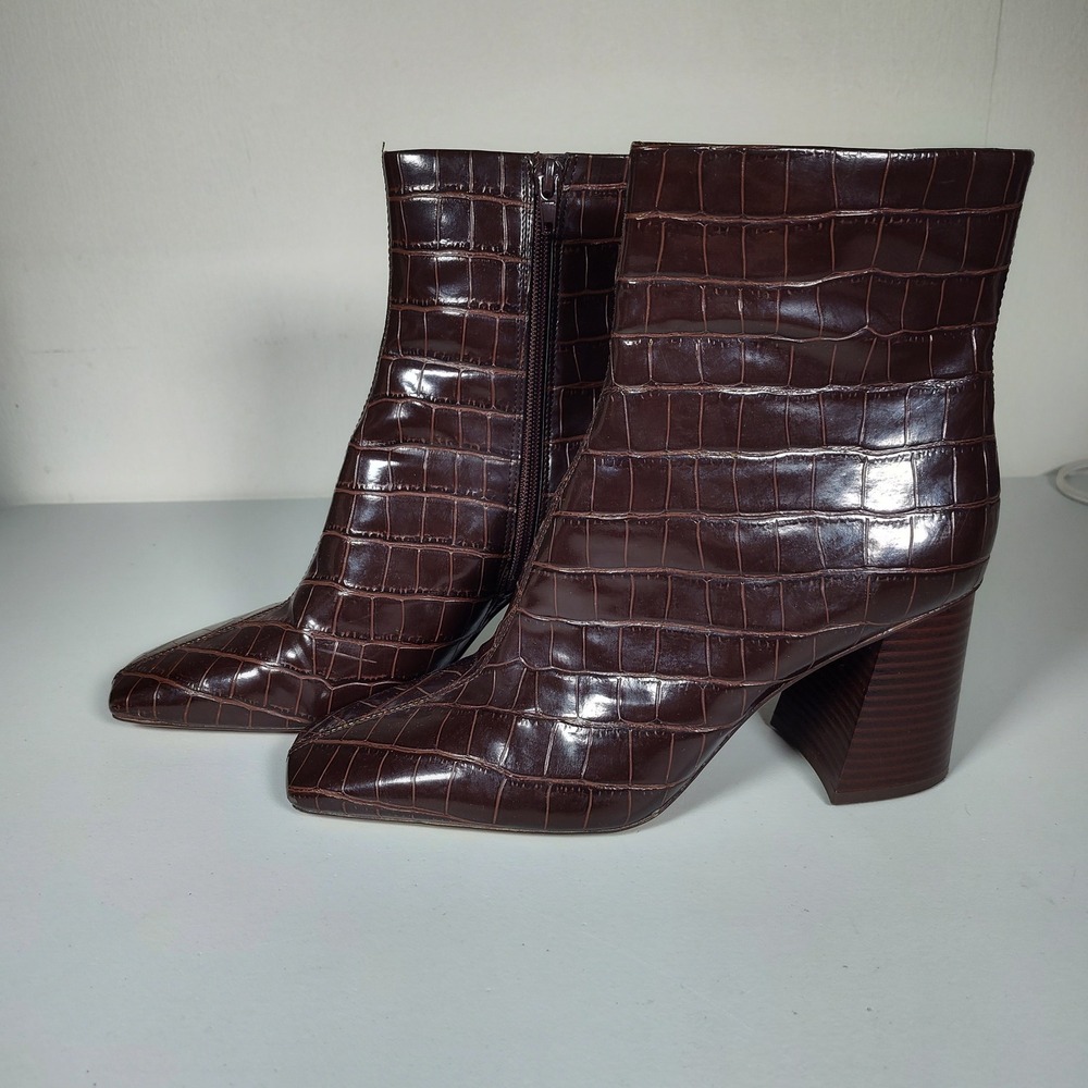 Mango Womens Croc-Effect Embossed Square Toe Ankle Boots Brown Block Heel Sz 40